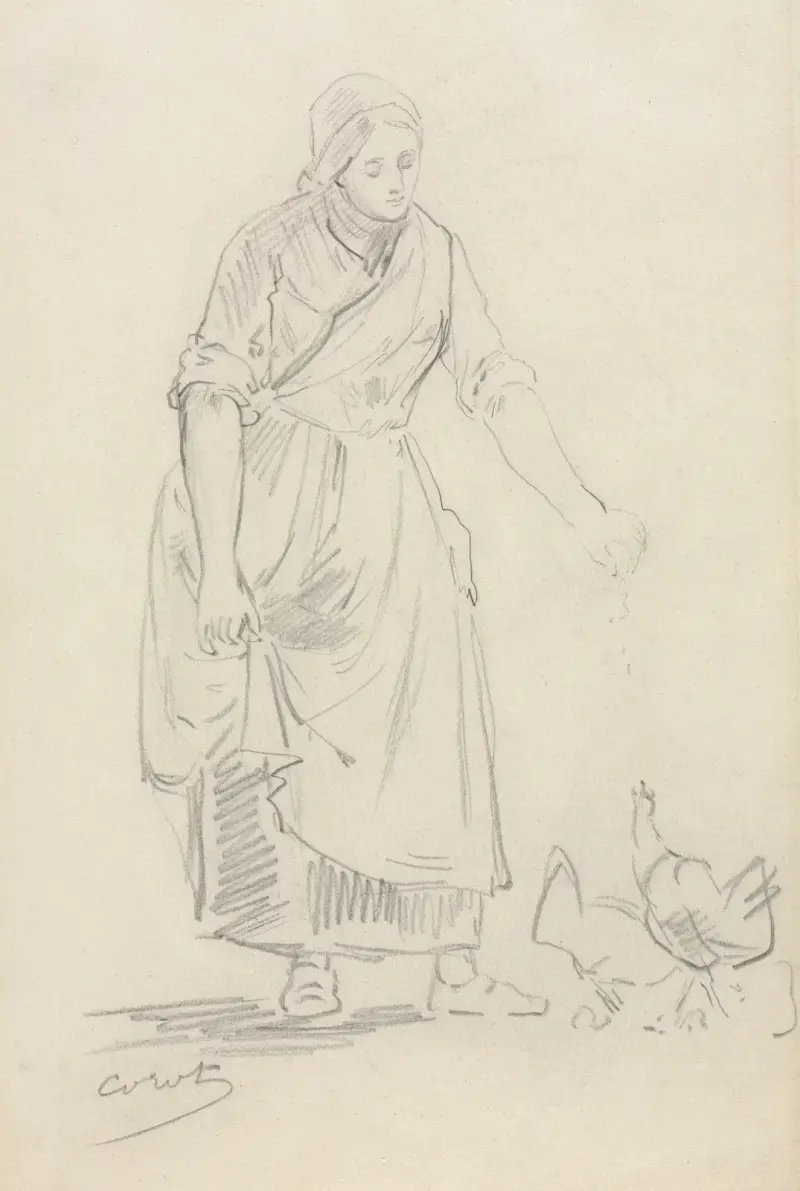 Bauernmädchen, Hühner fütternd von Jean-Baptiste-Camille Corot