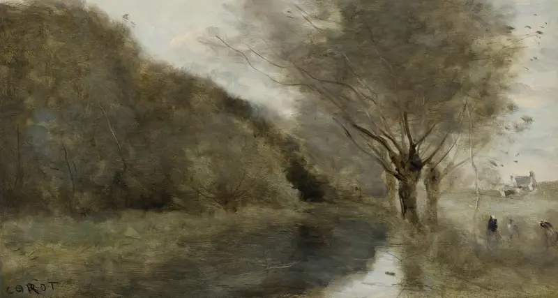 Nära Gisors; videplantering och flod, morgoneffekt av Jean-Baptiste-Camille Corot