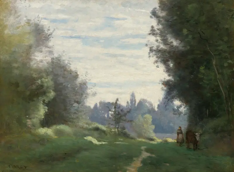 Morgenstrahlen (Die Kuh auf dem Weg zum Feld) von Jean-Baptiste-Camille Corot
