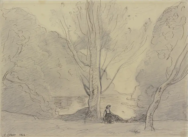 Vilande kvinna under popplar vid floden av Jean-Baptiste-Camille Corot