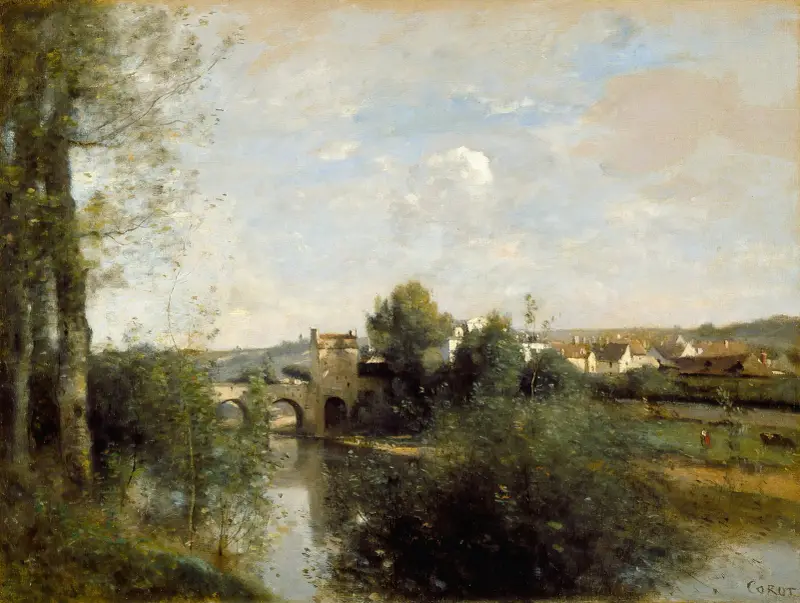 Seinen och den gamla bron vid Limay av Jean-Baptiste-Camille Corot