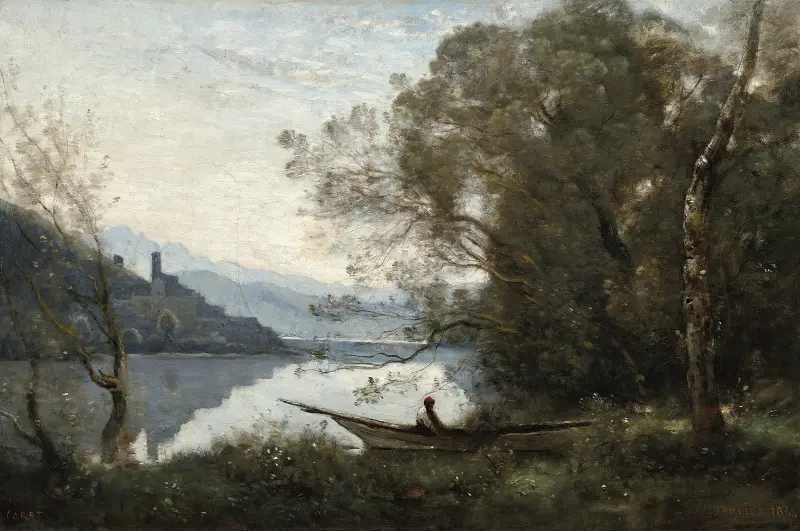 Der festgemachte Bootsmann – Erinnerung an einen italienischen See von Jean-Baptiste-Camille Corot