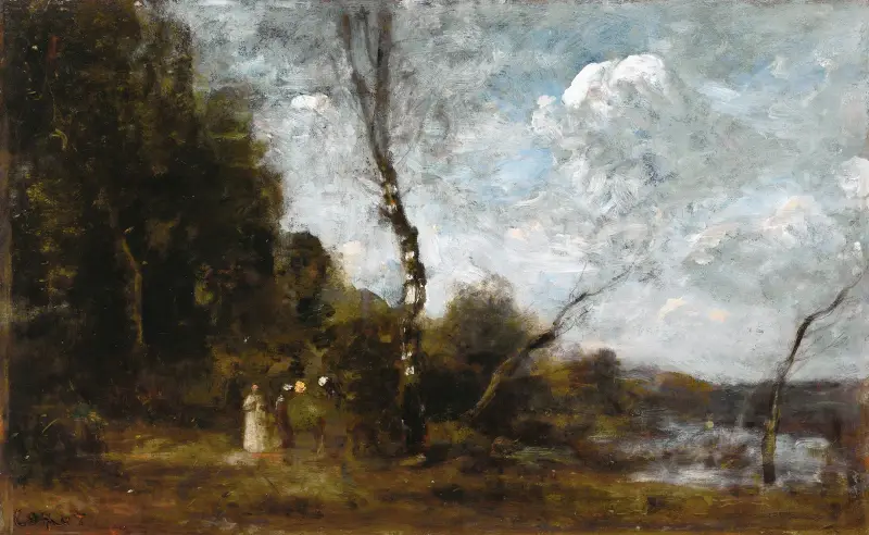 Drei Bäuerinnen an einem Wald von Jean-Baptiste-Camille Corot