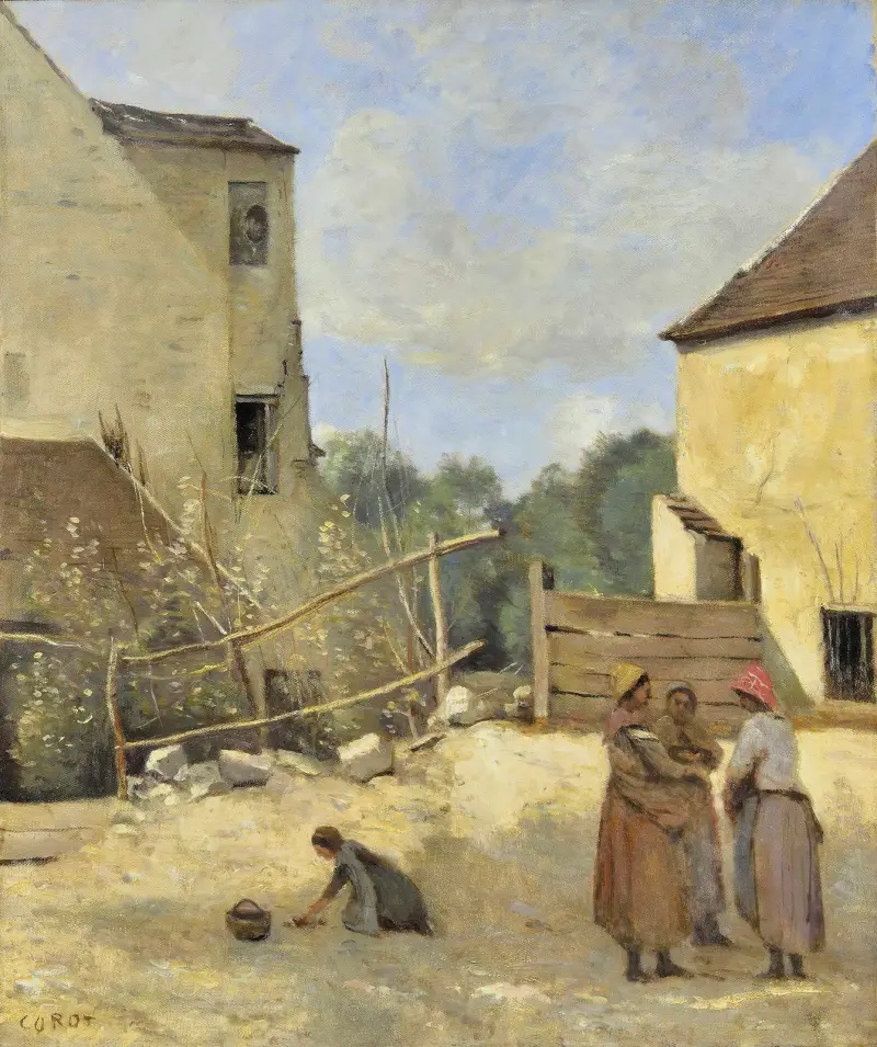 Tre bondkvinnor som samtalar på en lantlig gård av Jean-Baptiste-Camille Corot