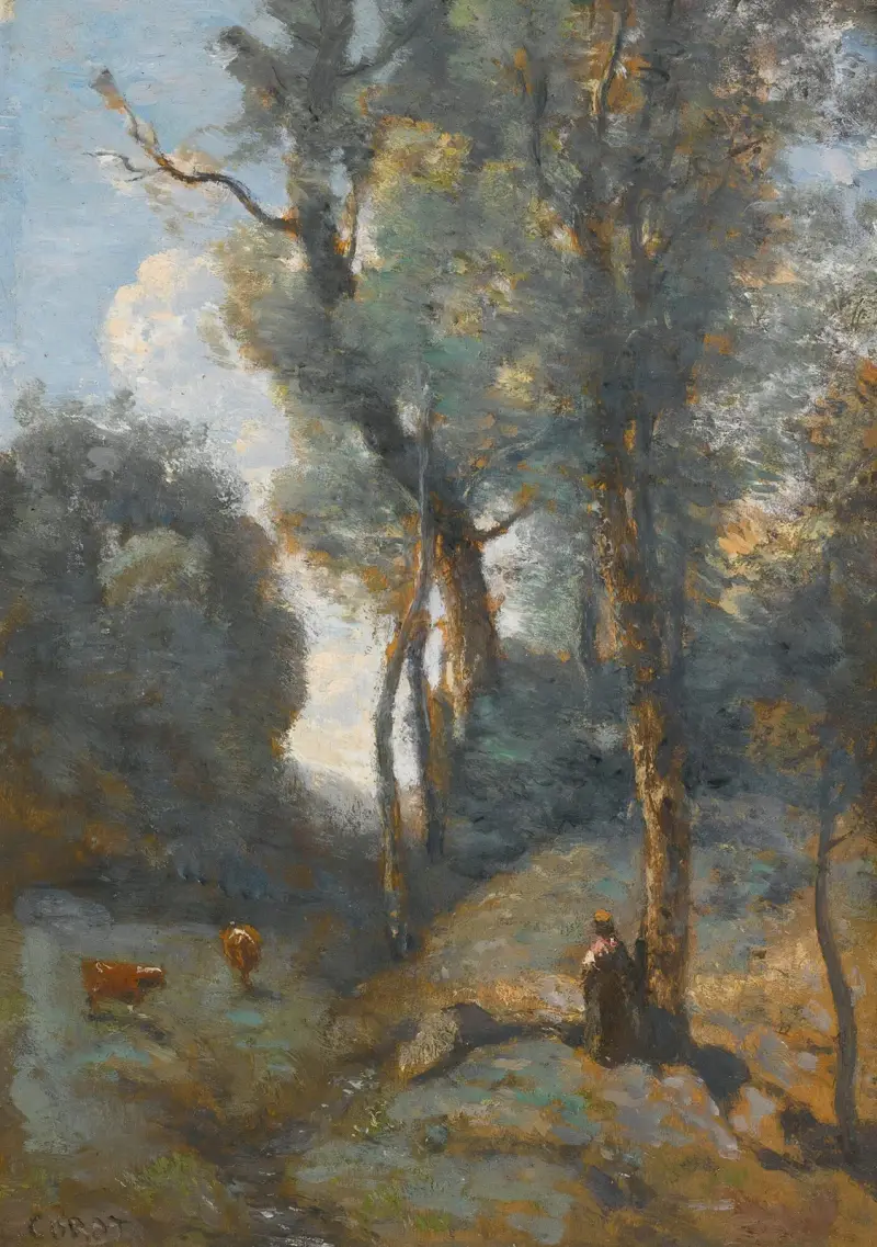 Koherdinna på en skogsbeklädd sluttning av Jean-Baptiste-Camille Corot