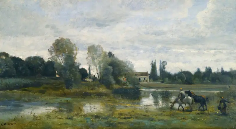 Ville d’Avray; Hästarnas vattenställe av Jean-Baptiste-Camille Corot