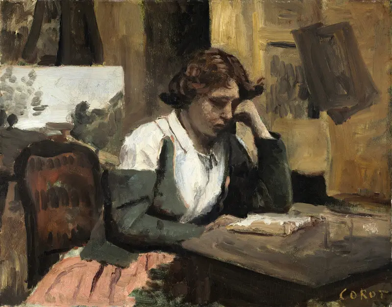 Kvinna som läser i ateljén av Jean-Baptiste-Camille Corot