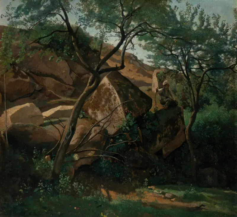Junger Hirte zwischen den Felsen (Wald von Fontainebleau) von Jean-Baptiste-Camille Corot
