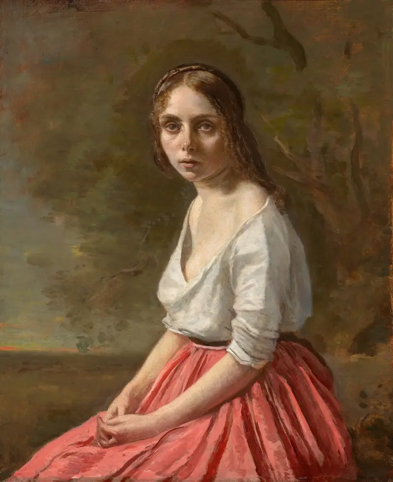 Ung kvinna i rosa kjol av Jean-Baptiste-Camille Corot