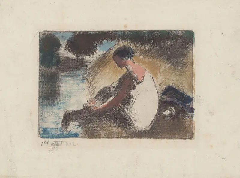 Baderska som tar på sig strumporna av Camille Pissarro