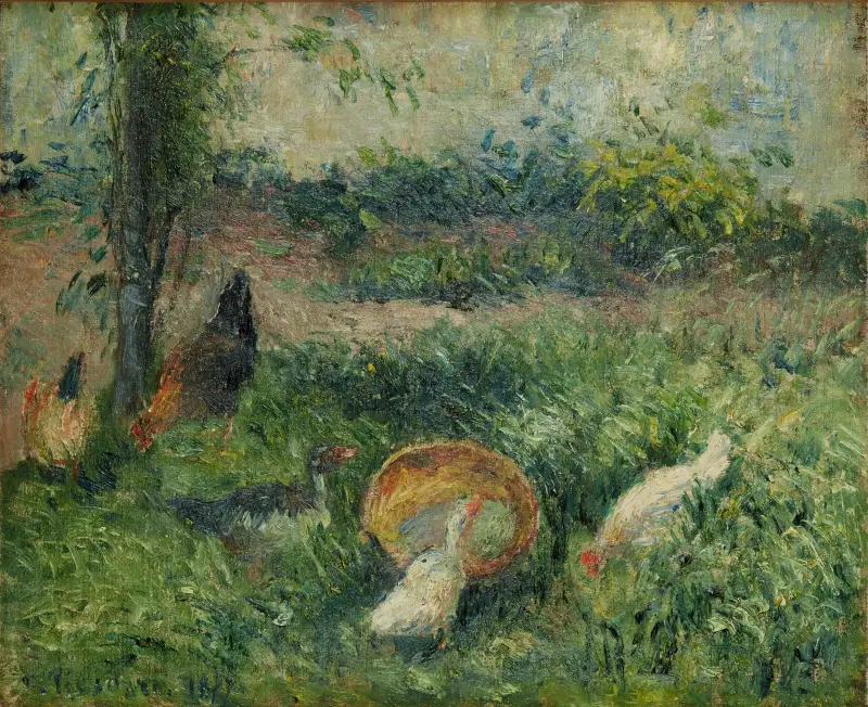 Hönsgård med hönor och ankor av Camille Pissarro