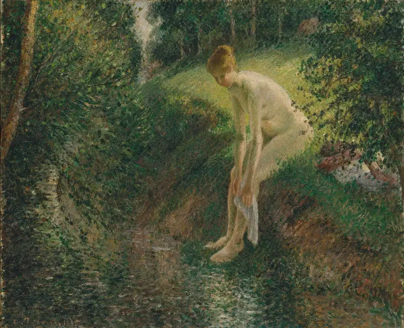 Badande i skogen av Camille Pissarro