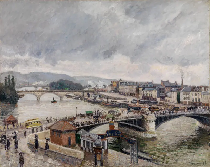 Blick auf die Grosse Brücke zu Rouen bei Regenstimmung av Camille Pissarro