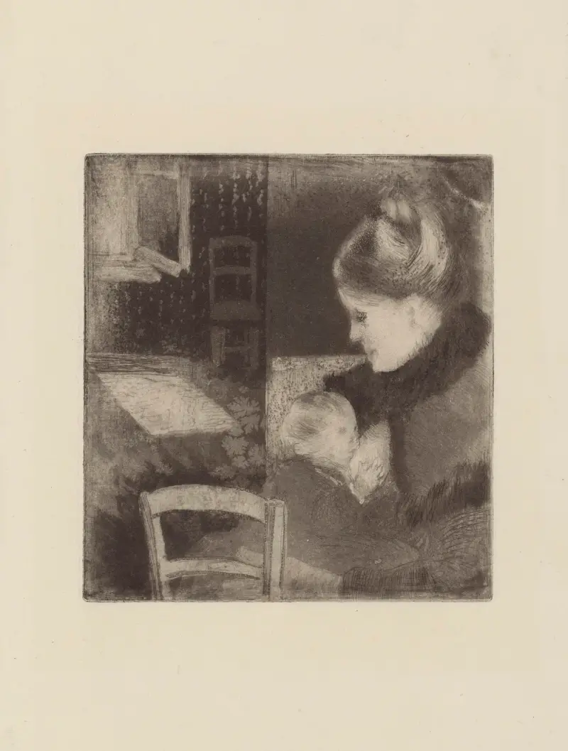 Barn som diar sin mor av Camille Pissarro