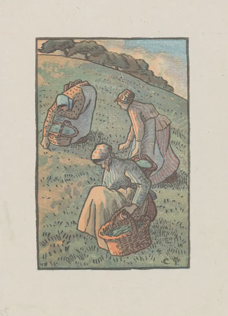 Femmes cueillant de l’herbe av Camille Pissarro