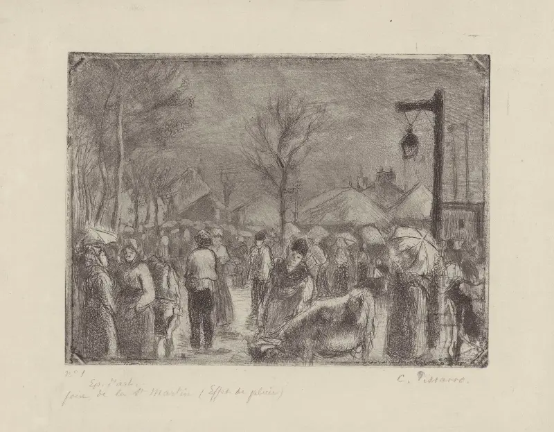 Marknaden Saint-Martin i Pontoise, regn av Camille Pissarro