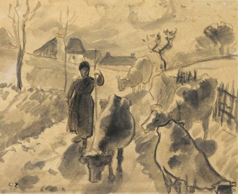 Flicka driver en hjord kor längs en väg av Camille Pissarro