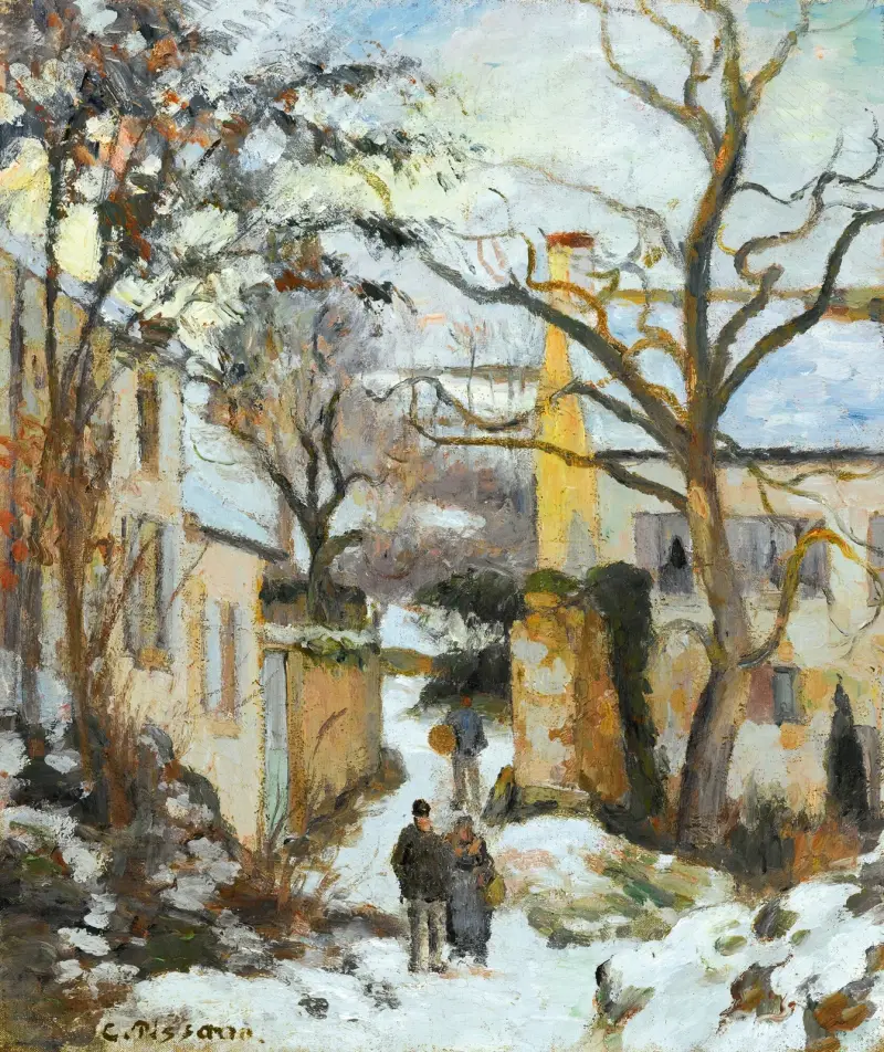 Rondest-huset under snön, Pontoise av Camille Pissarro