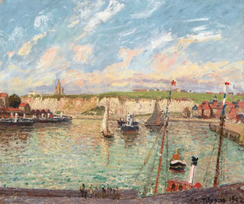 Förhamnen vid Dieppe, eftermiddag, klart väder av Camille Pissarro