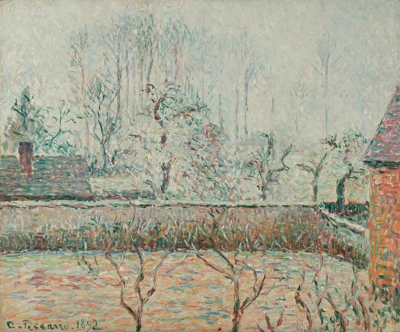 Landskap med hus och mur, frost och dimma, Éragny av Camille Pissarro