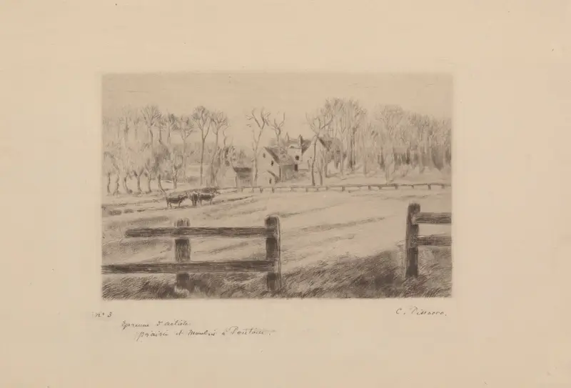 Prairie et moulin, à Osny av Camille Pissarro