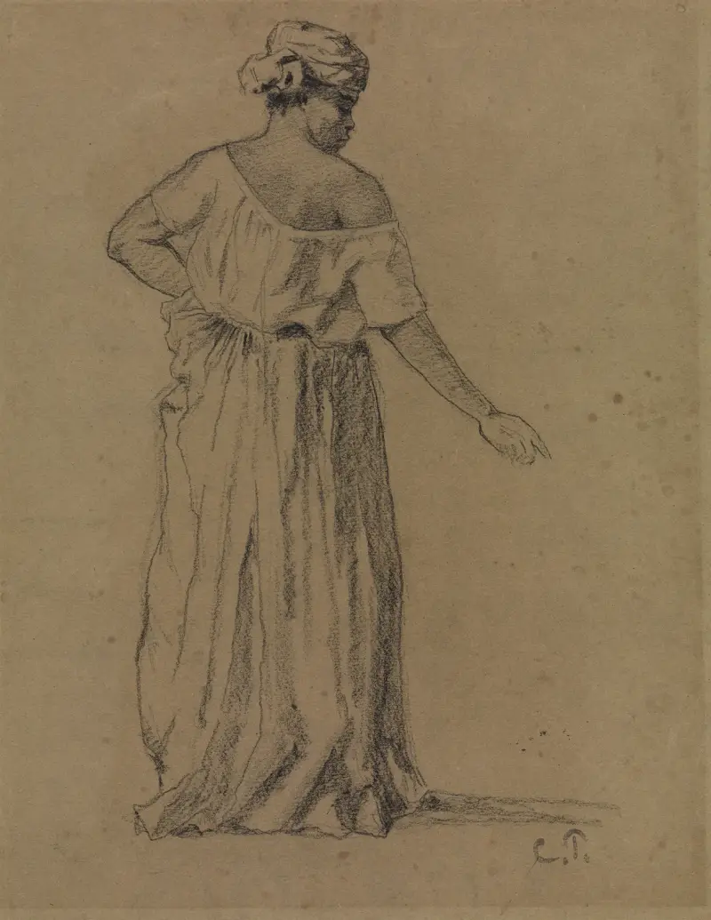 Svart kvinna med turban och lång klänning, bakifrån av Camille Pissarro