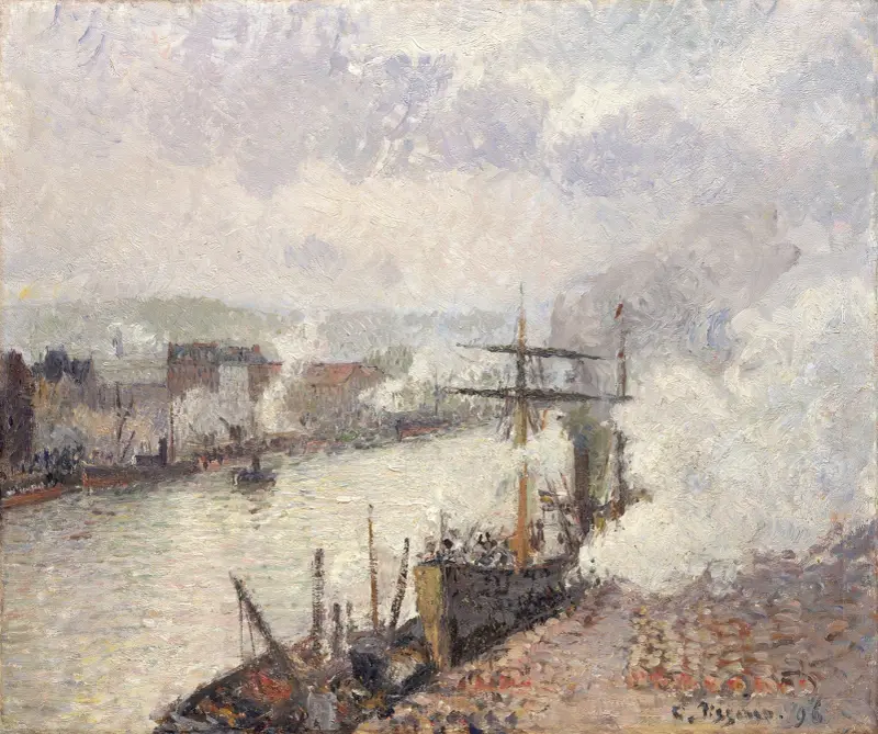 Ångbåtar i Rouens hamn av Camille Pissarro