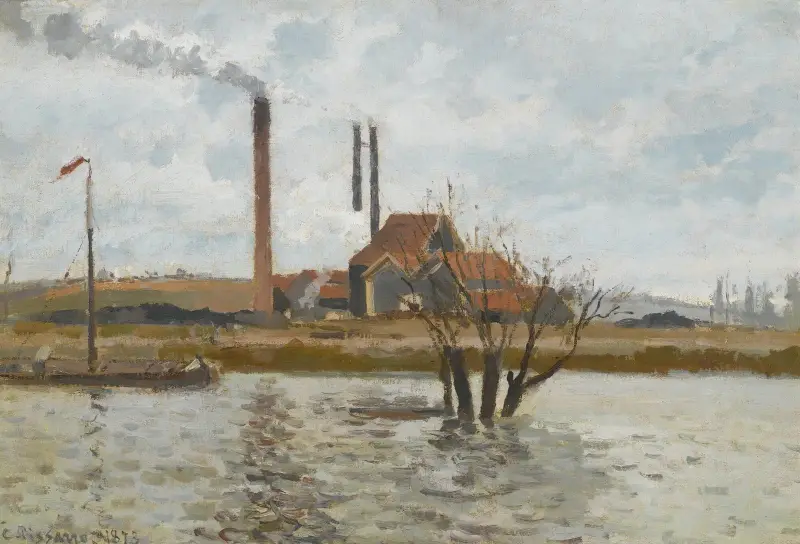 Fabrik i Saint-Ouen-l'Aumône, Oise i översvämning av Camille Pissarro