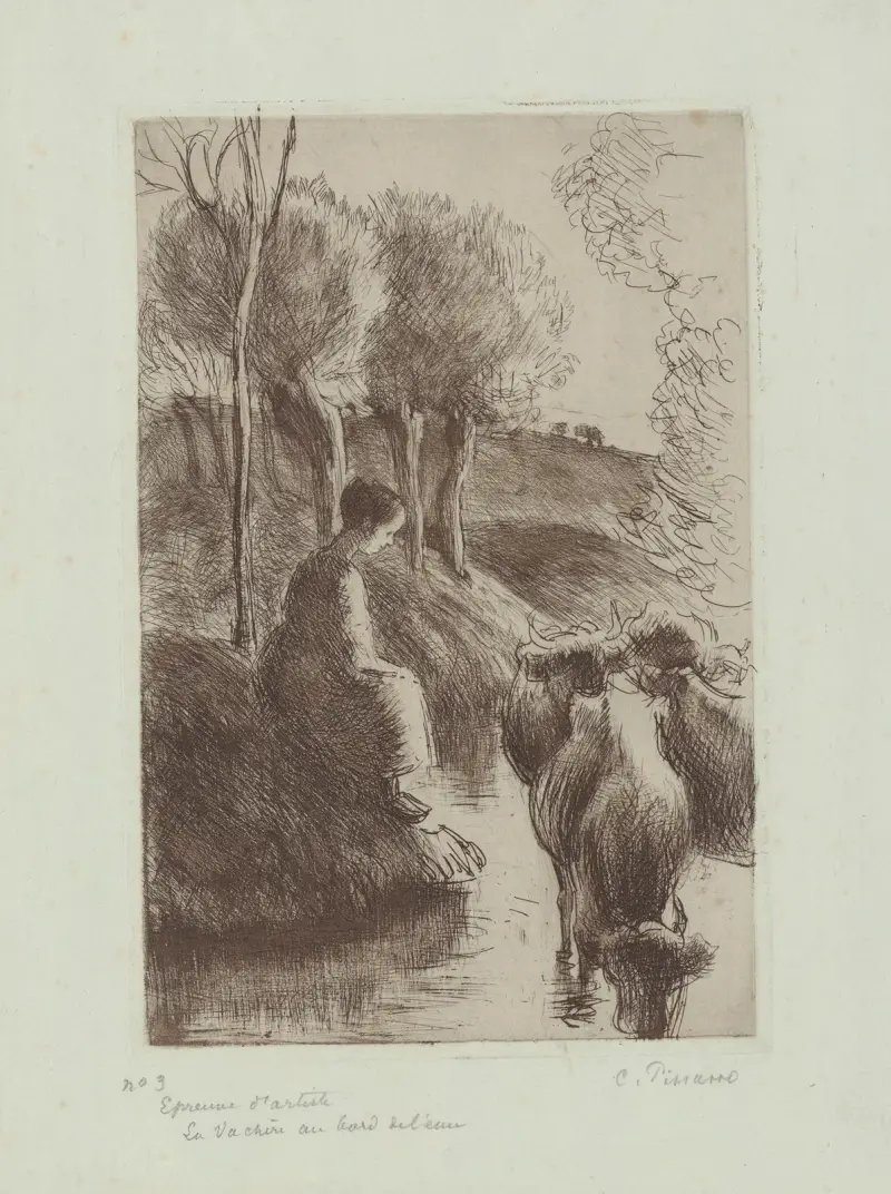 Vachère au bord de l’eau av Camille Pissarro