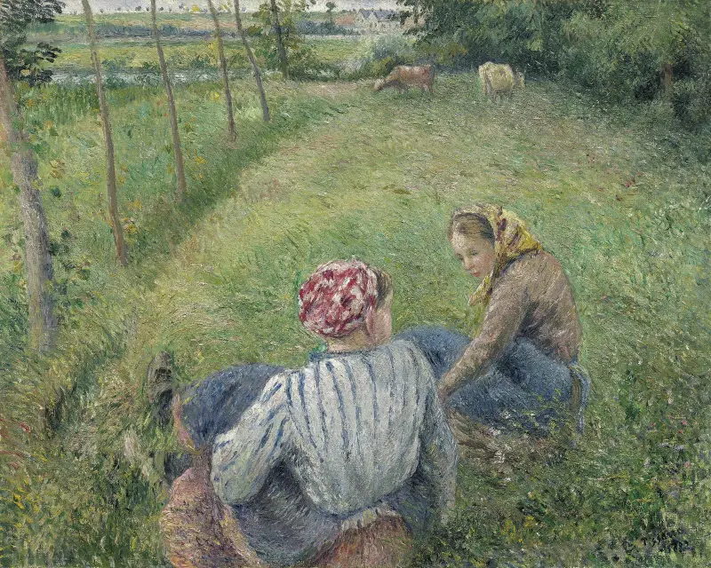 Unga bondflickor vilar på fälten nära Pontoise av Camille Pissarro
