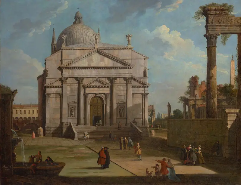 Ett capriccio med kyrkan Redentore av Canaletto