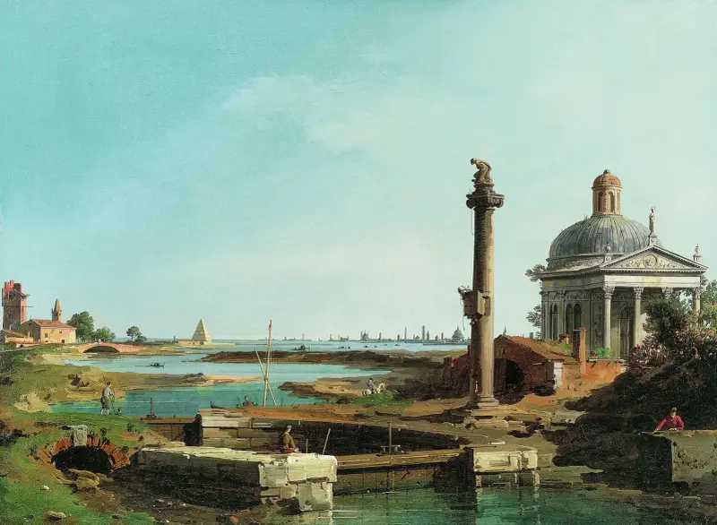 Ett slussverk, en kolonn och en kyrka vid en lagun av Canaletto