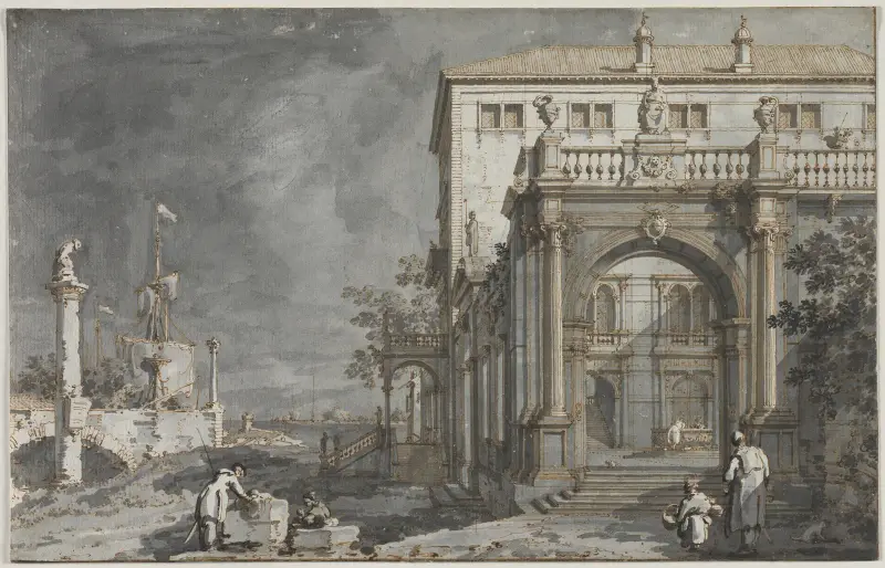 Capriccio; Ett palats med innergård vid lagunen av Canaletto