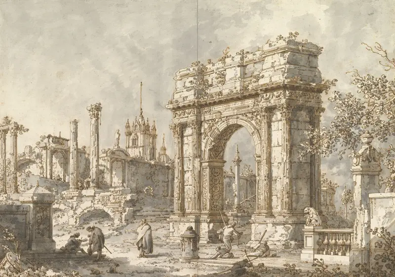Capriccio med en romersk triumfbåge av Canaletto