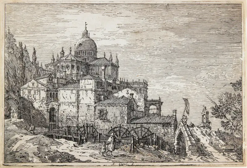 Landskap med kyrka, hus och kvarn av Canaletto