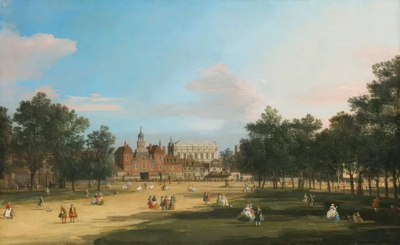London, en vy över Old Horse Guards och Banqueting Hall, Whitehall sedd från St. James's Park av Canaletto