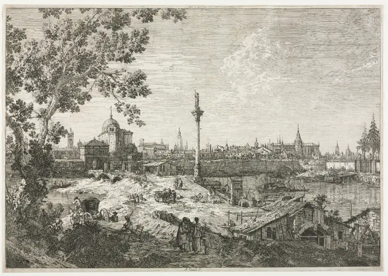 Panorama över en stad vid en flod av Canaletto
