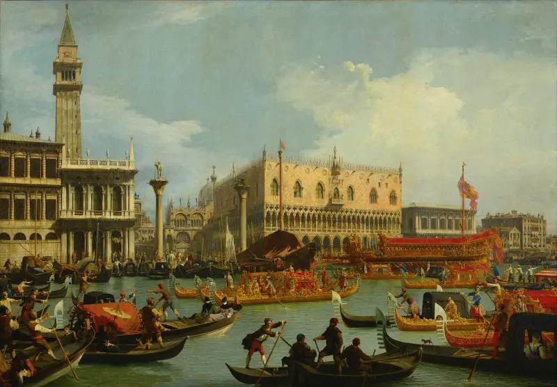 Bucintoren återvänder till Molo på Kristi himmelsfärdsdag av Canaletto