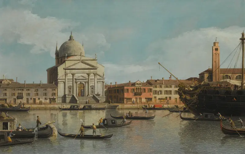 Venedig, vy mot kyrkorna Redentore och San Giacomo, med ett förtöjt örlogsfartyg, gondoler och pråmar av Canaletto