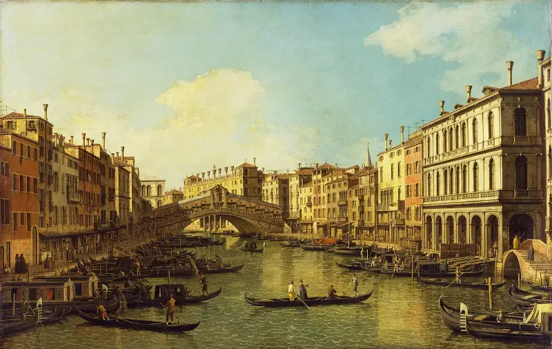Venedig, Canal Grande från Palazzo Dolfin-Manin till Rialtobron av Canaletto