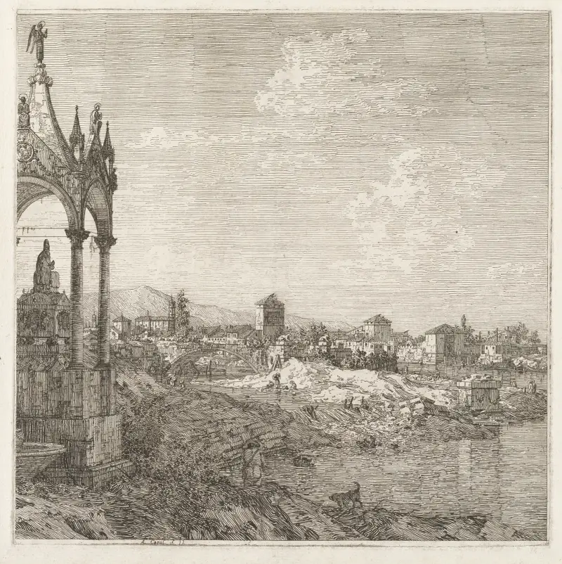 Vy över en stad med en biskopsgrav av Canaletto