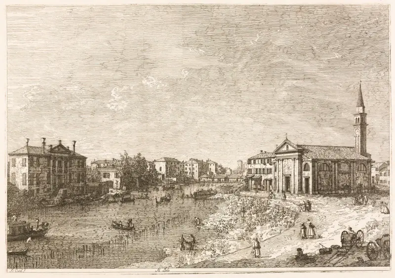 Vy över Dolo, en stad vid Brenta, väster om Venedig av Canaletto