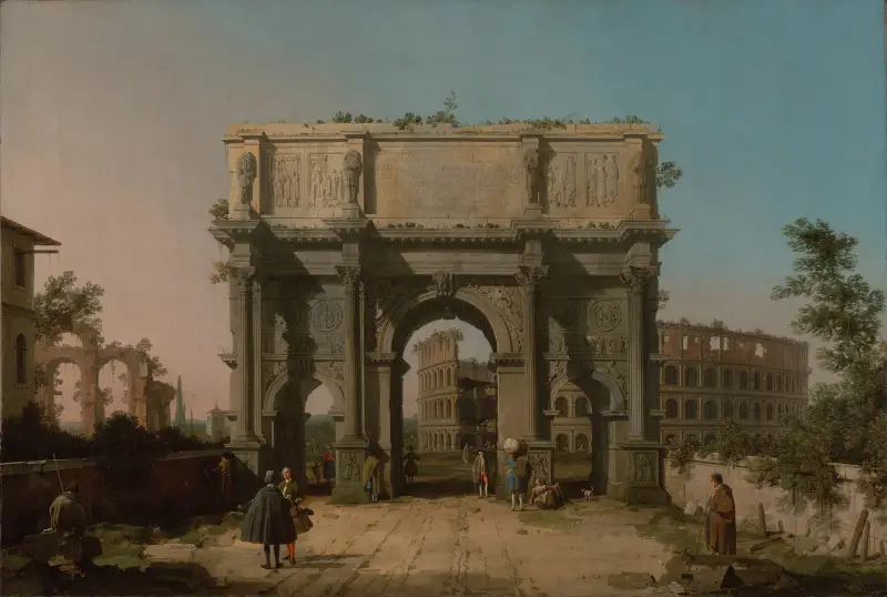 Vy över Konstantinbågen med Colosseum av Canaletto