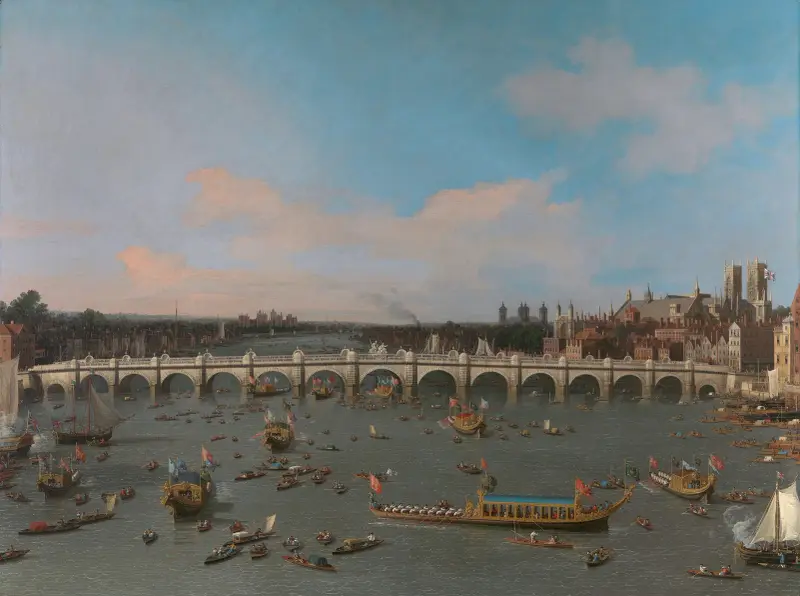 Westminsterbron, med lordmayorns procession på Themsen av Canaletto