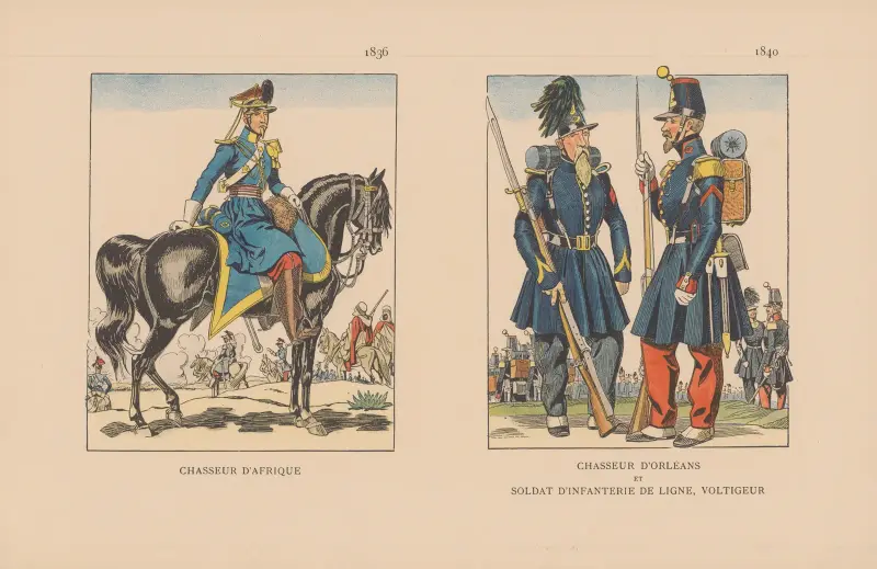 Chasseur d’Afrique. 1836, Chasseur d’Orléans och soldat vid linjeinfanteriet, voltigeur. 1840 av Caran d'Ache