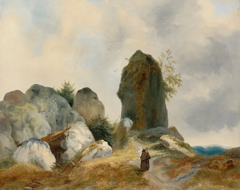 A Rocky Landscape with a Hermit av Carl Blechen