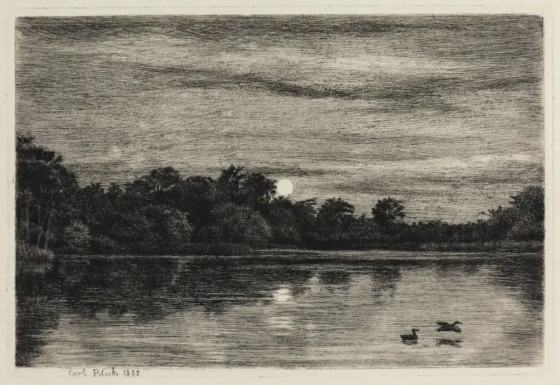 Der Bauernhofteich bei Hellebæk im Mondschein von Carl Bloch