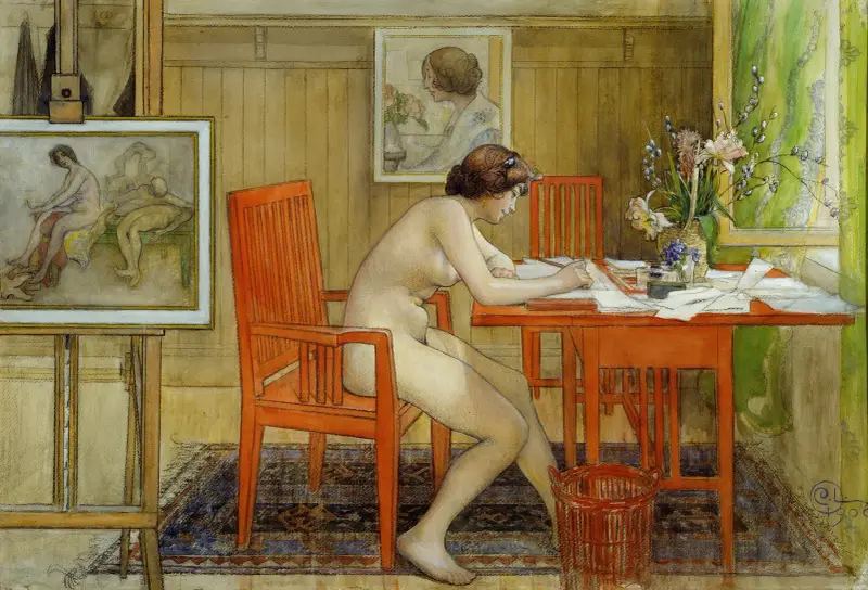 Modellen skriver ett vykort av Carl Larsson