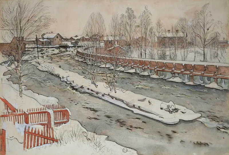 Dřevěná skluzavka. Zimní scéna, Carl Larsson