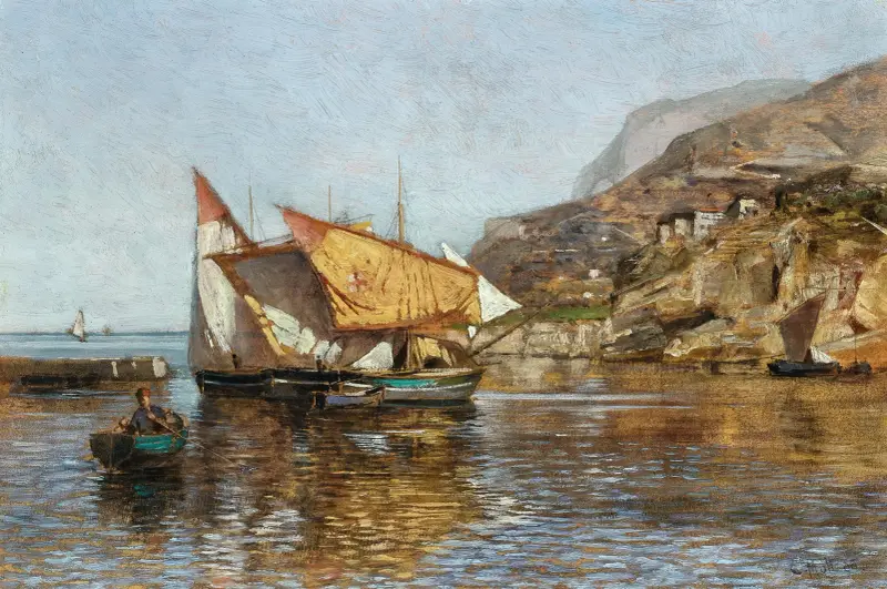 Küstenlandschaft mit Fischerbooten von Carl Moll